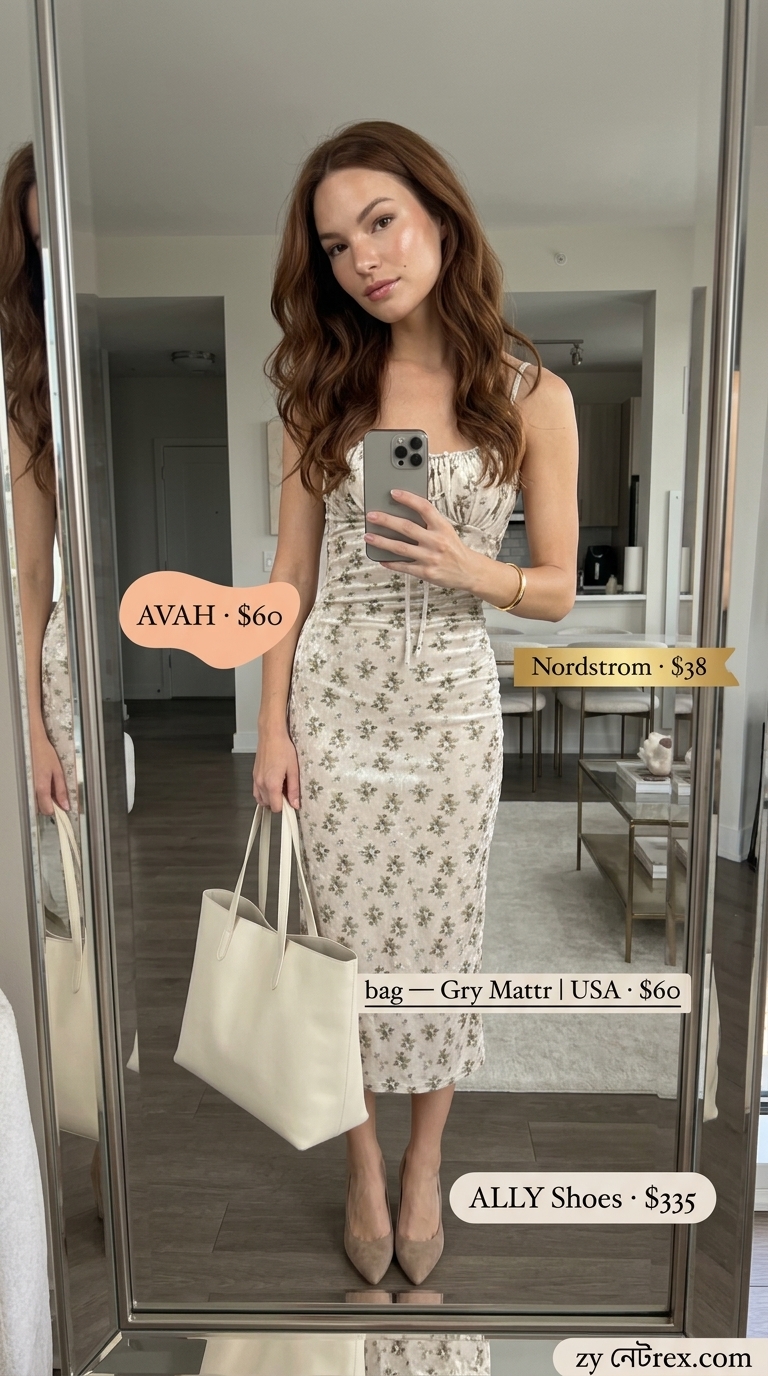 Chic city floral summer sleeveless dress 2026 in green floral, cream, tan for business casual.