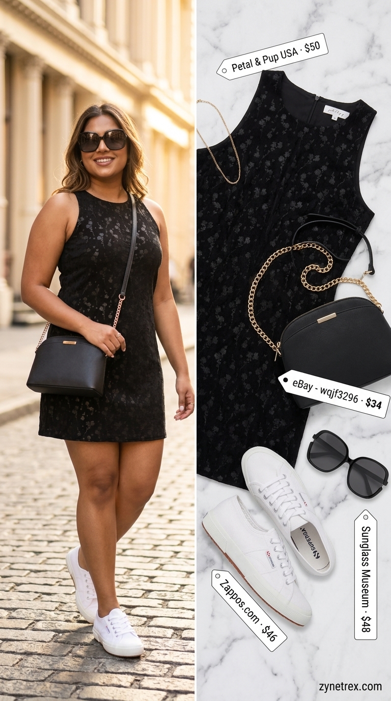 Bold floral summer sleeveless dress 2026 with black crossbody and sneakers for city exploration.