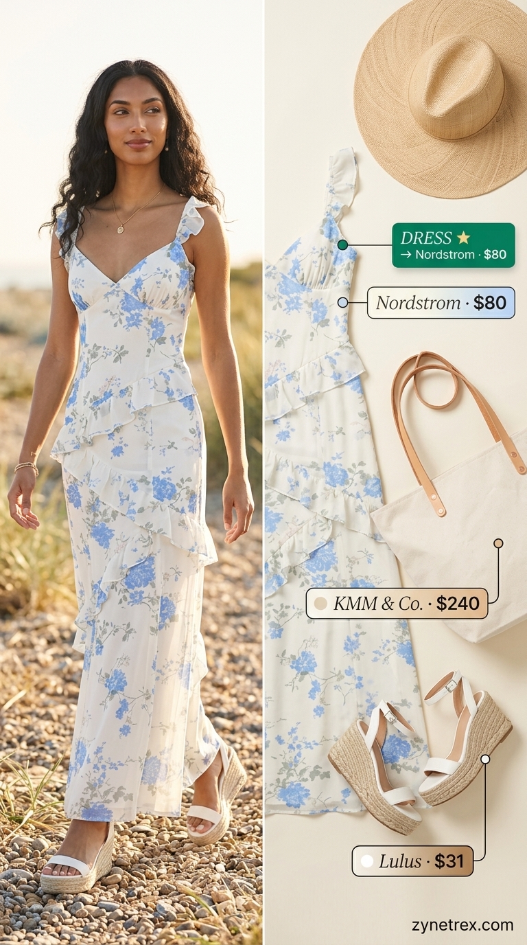 Coastal floral summer sleeveless dress 2026 in blue print with straw hat and espadrilles for vacation.