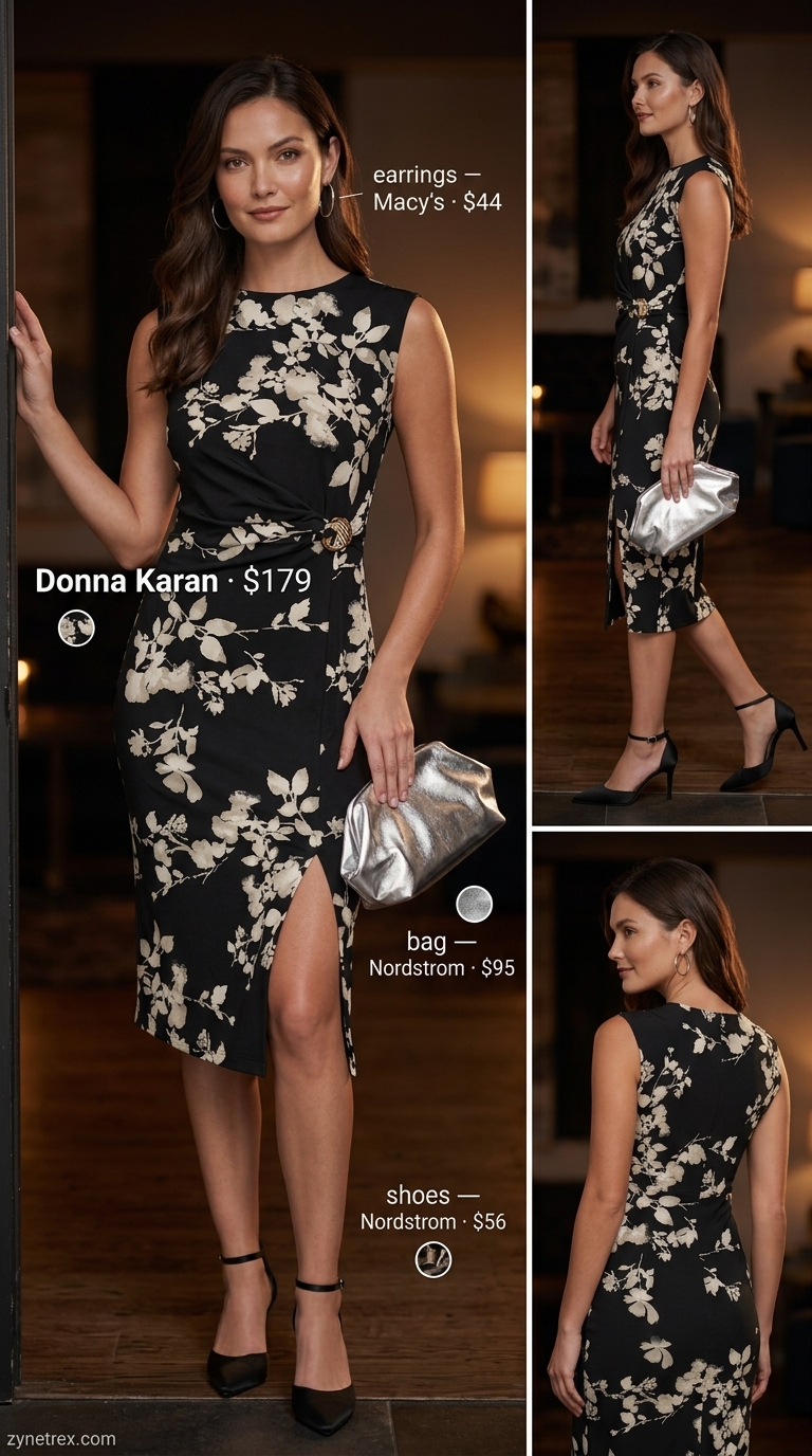 Elegant floral summer sleeveless dress 2026 in dark print with black pumps and silver clutch for evenings.