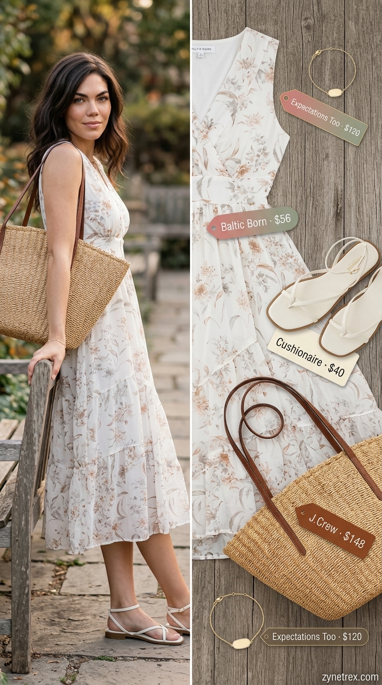 Romantic floral summer sleeveless dress 2026 in pastel print with straw tote for garden parties.