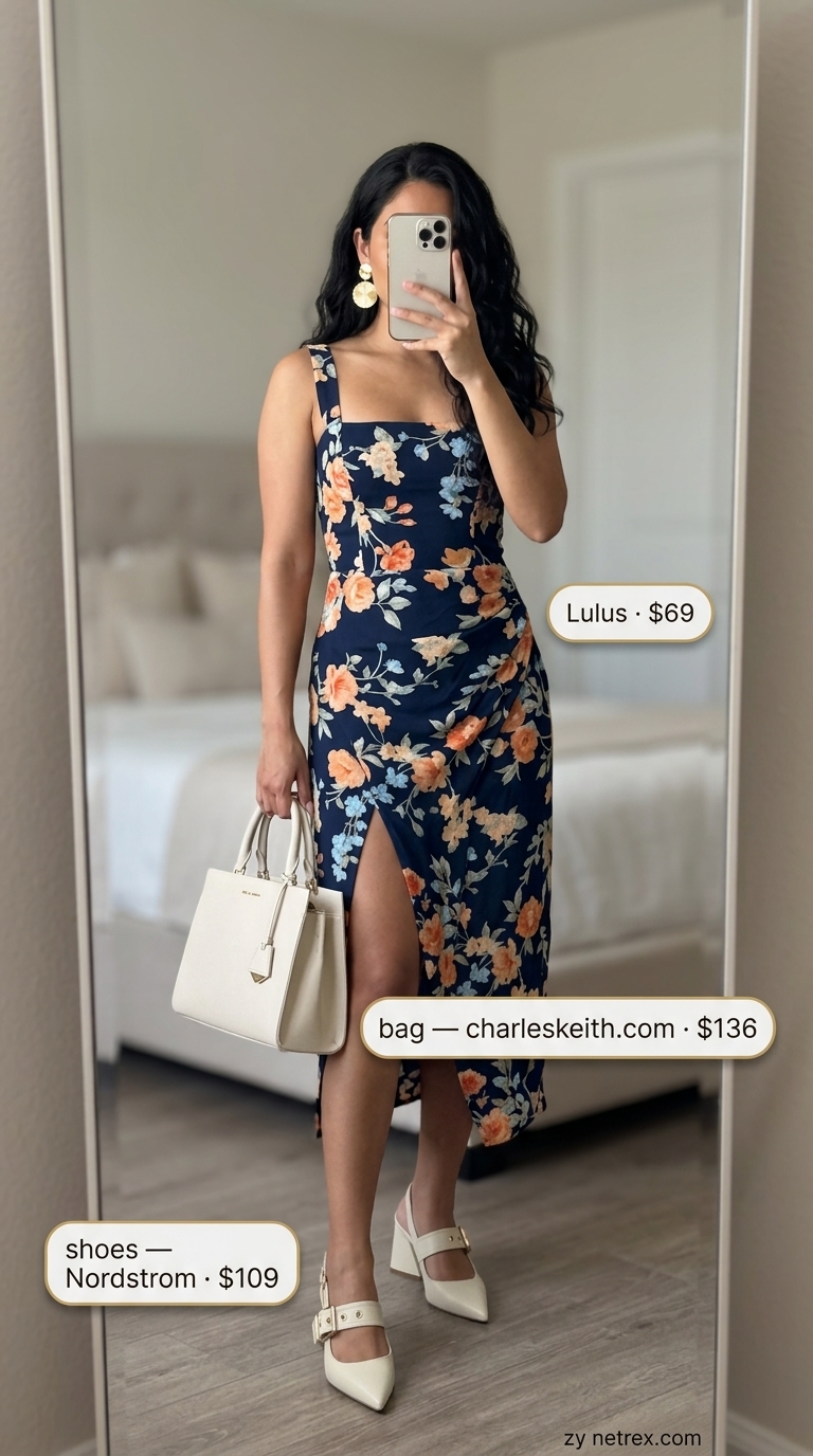 Navy floral sleeveless midi dress for formal summer events and wedding guests.