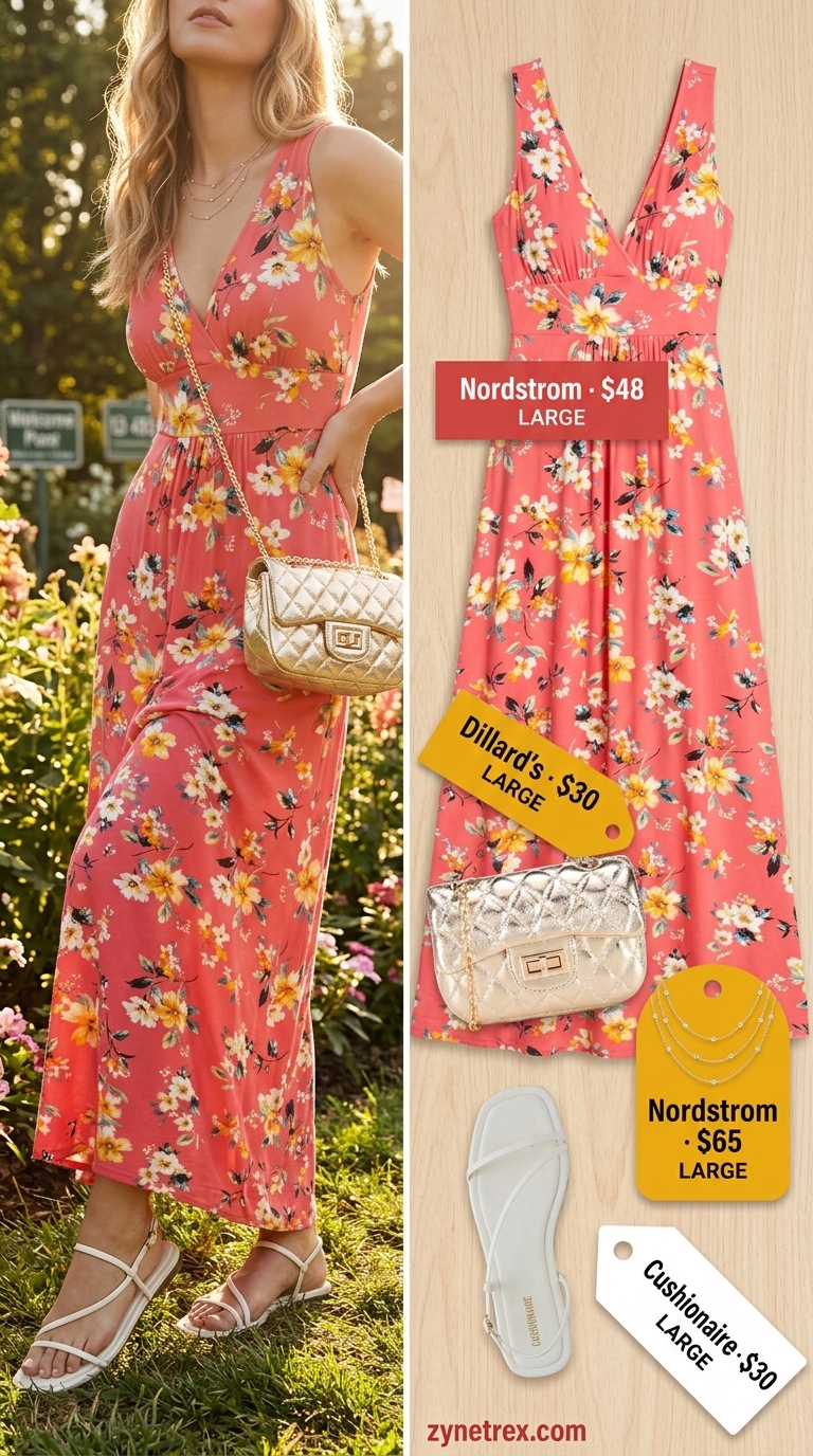 Coral and peach floral sleeveless maxi dress for garden parties and summer brunch.
