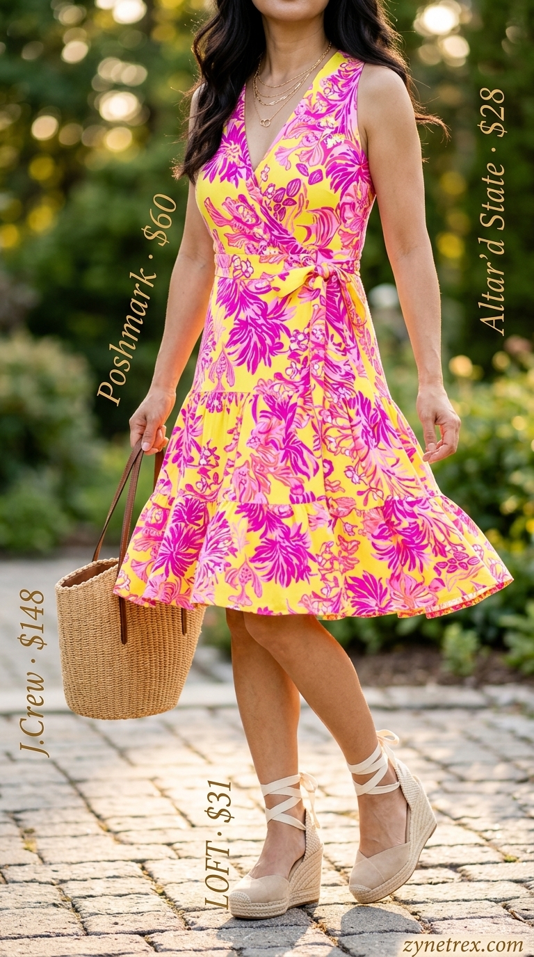 Multicolor floral sleeveless midi wrap dress for garden parties and weddings.