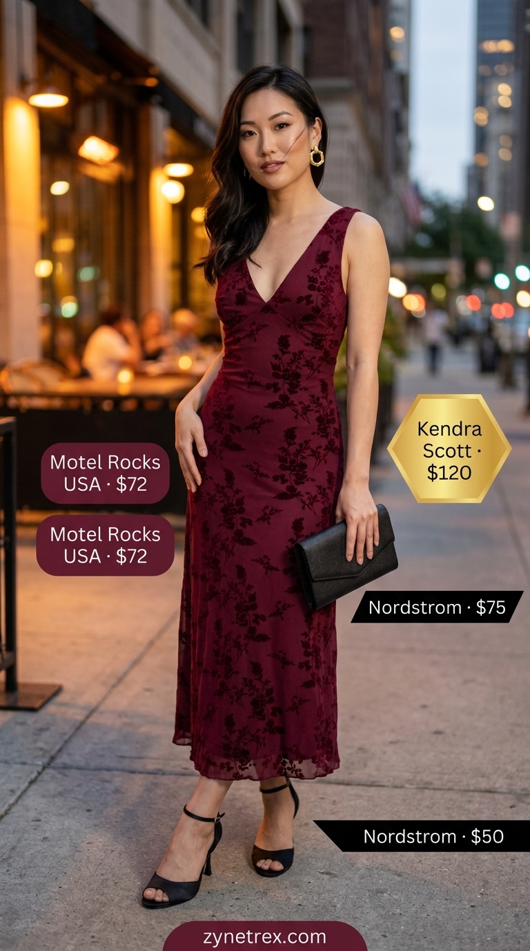 Sophisticated burgundy floral summer sleeveless dress 2026 for date night.