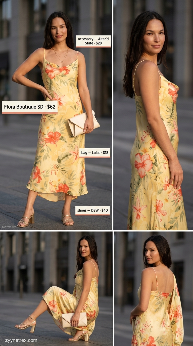 Vibrant floral summer sleeveless dress 2026 in sunset print with gold sandals and clutch for summer parties.