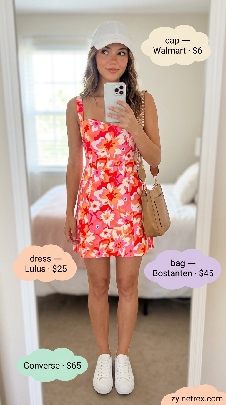 Bright floral sleeveless mini dress for vacation exploration and sightseeing.