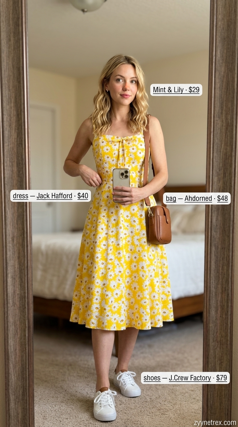 Sweet yellow floral summer sleeveless dress 2026 with white sneakers for casual summer days.