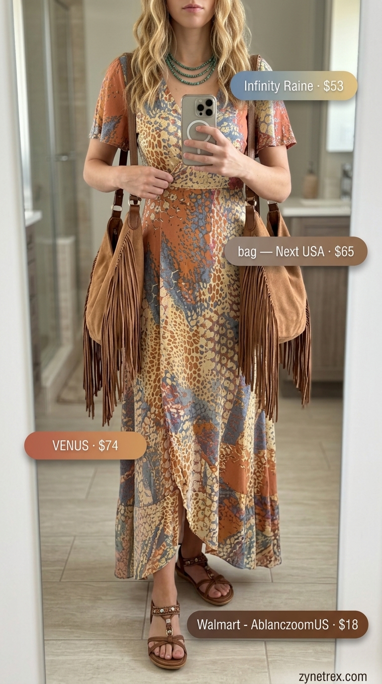 Terracotta floral wrap dress outfit for festivals 2026. Bohemian style with fringe bag and layered necklaces.