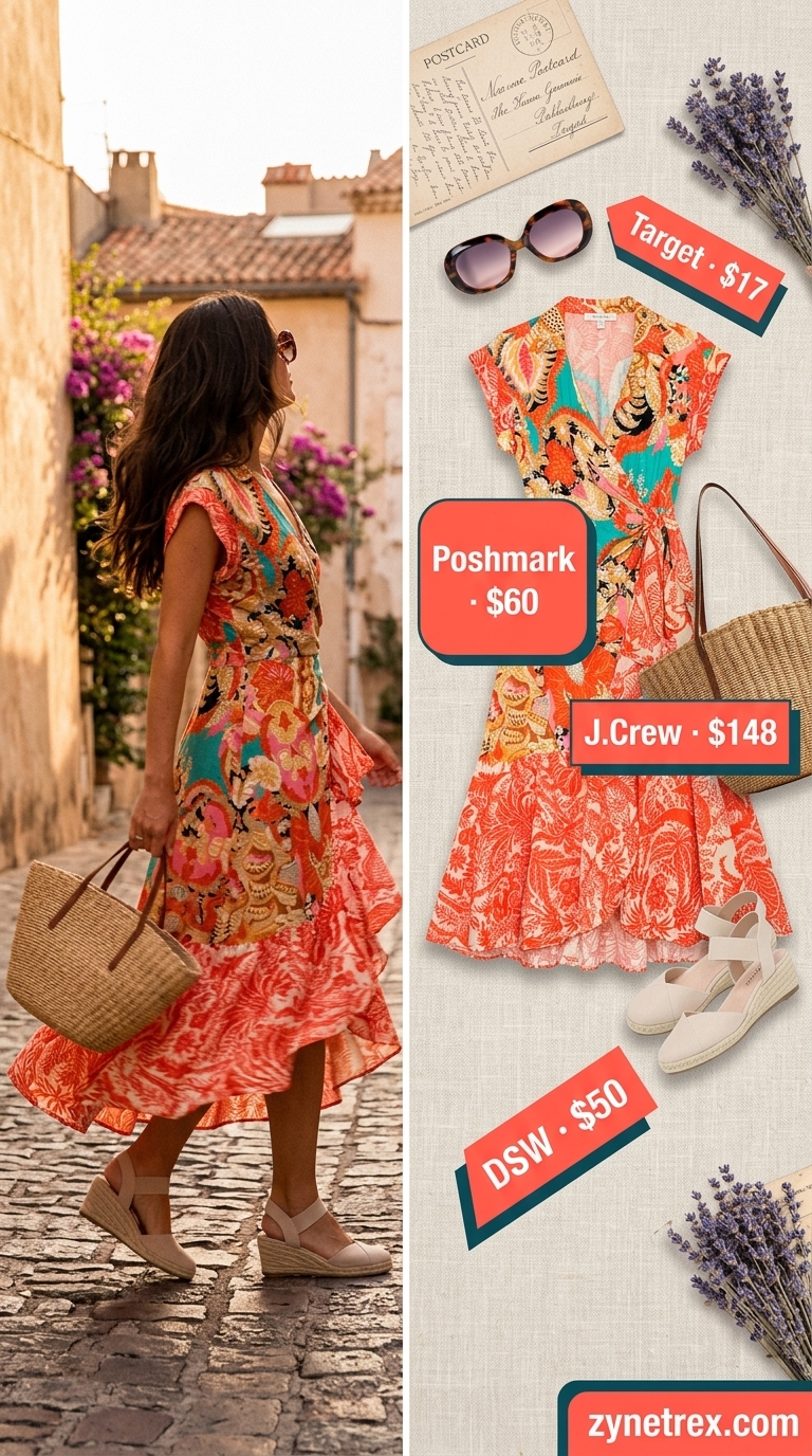 Boho beach floral wrap dress outfit 2026 for casual days with straw tote and espadrille wedges.