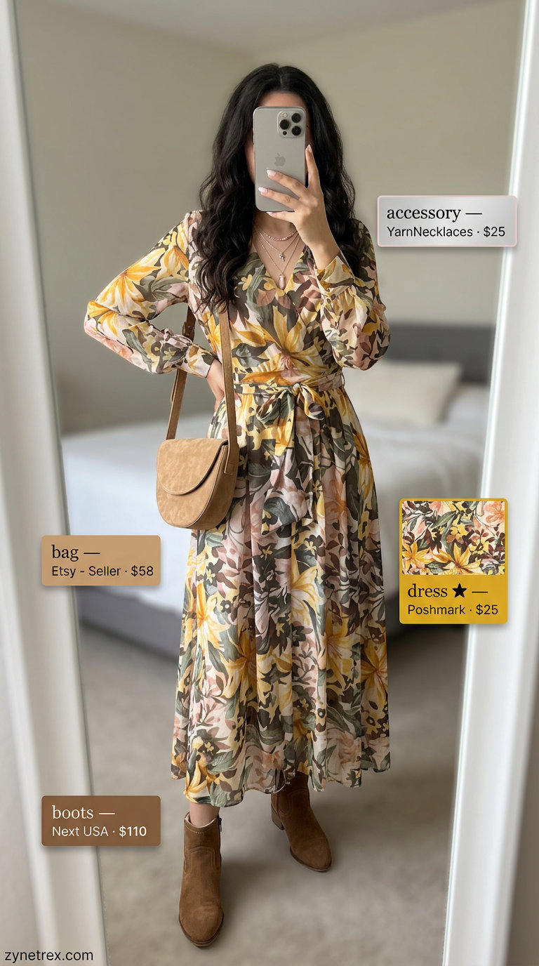 Boho garden party floral wrap dress outfit 2026 with suede crossbody and ankle boots.