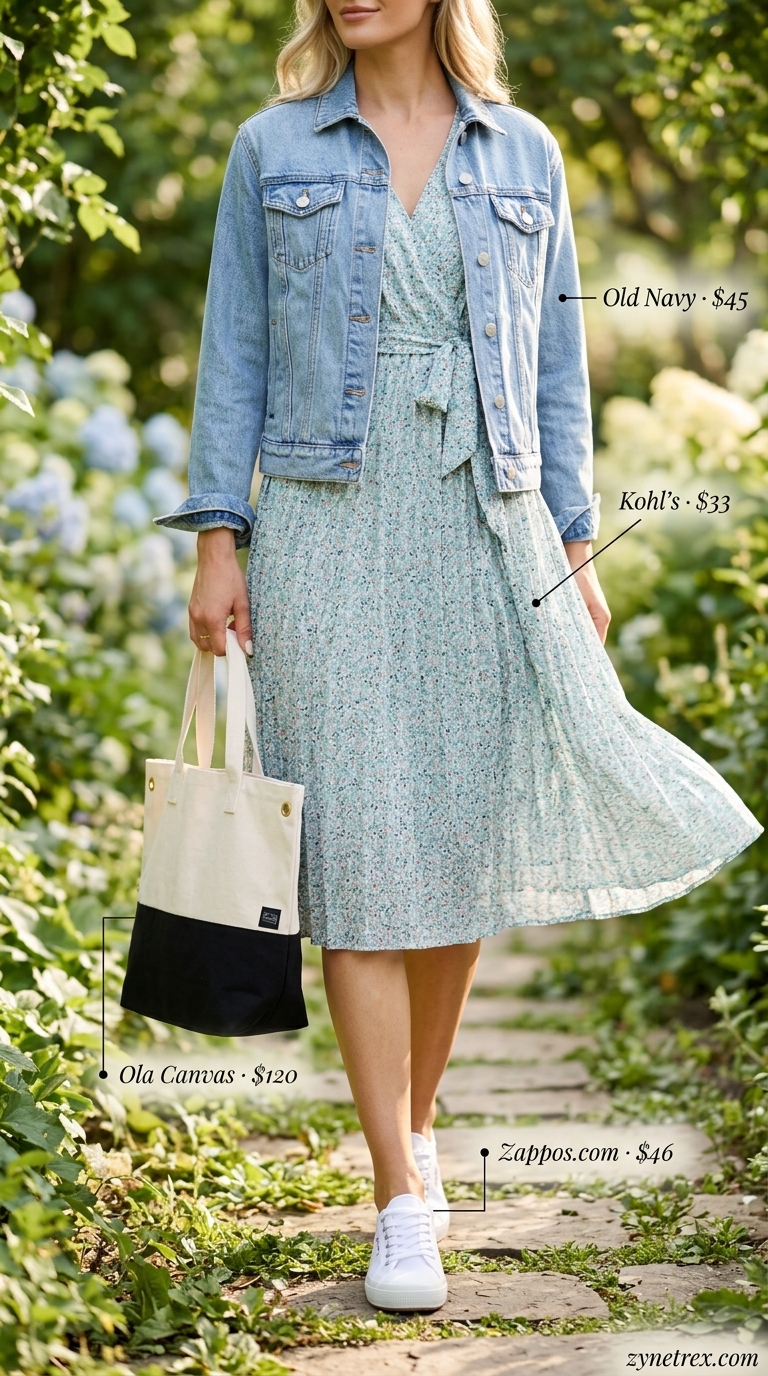 Green floral summer wrap dress outfits 2026 for errands with denim jacket and canvas sneakers.