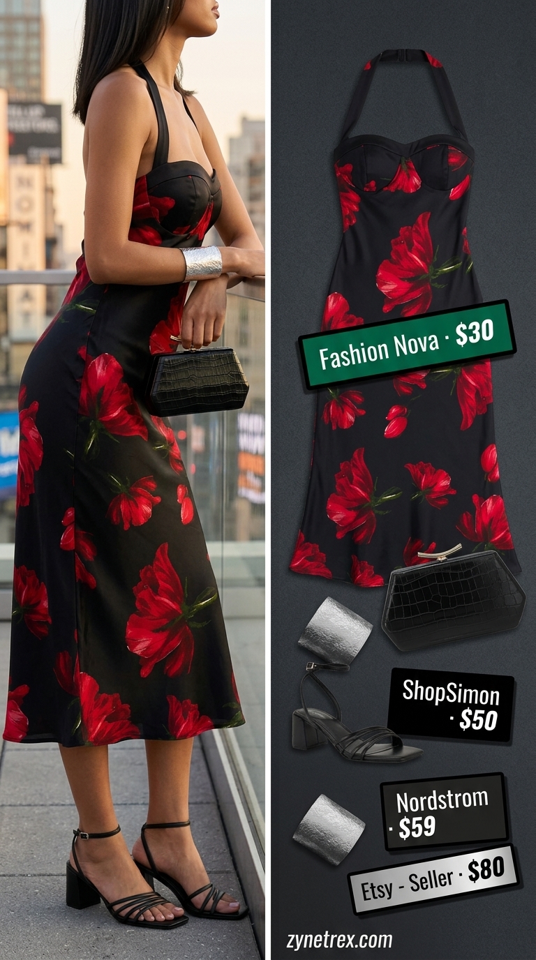 Dark floral midi wrap dress outfit for city evenings 2026. Sophisticated look with block heels and clutch.
