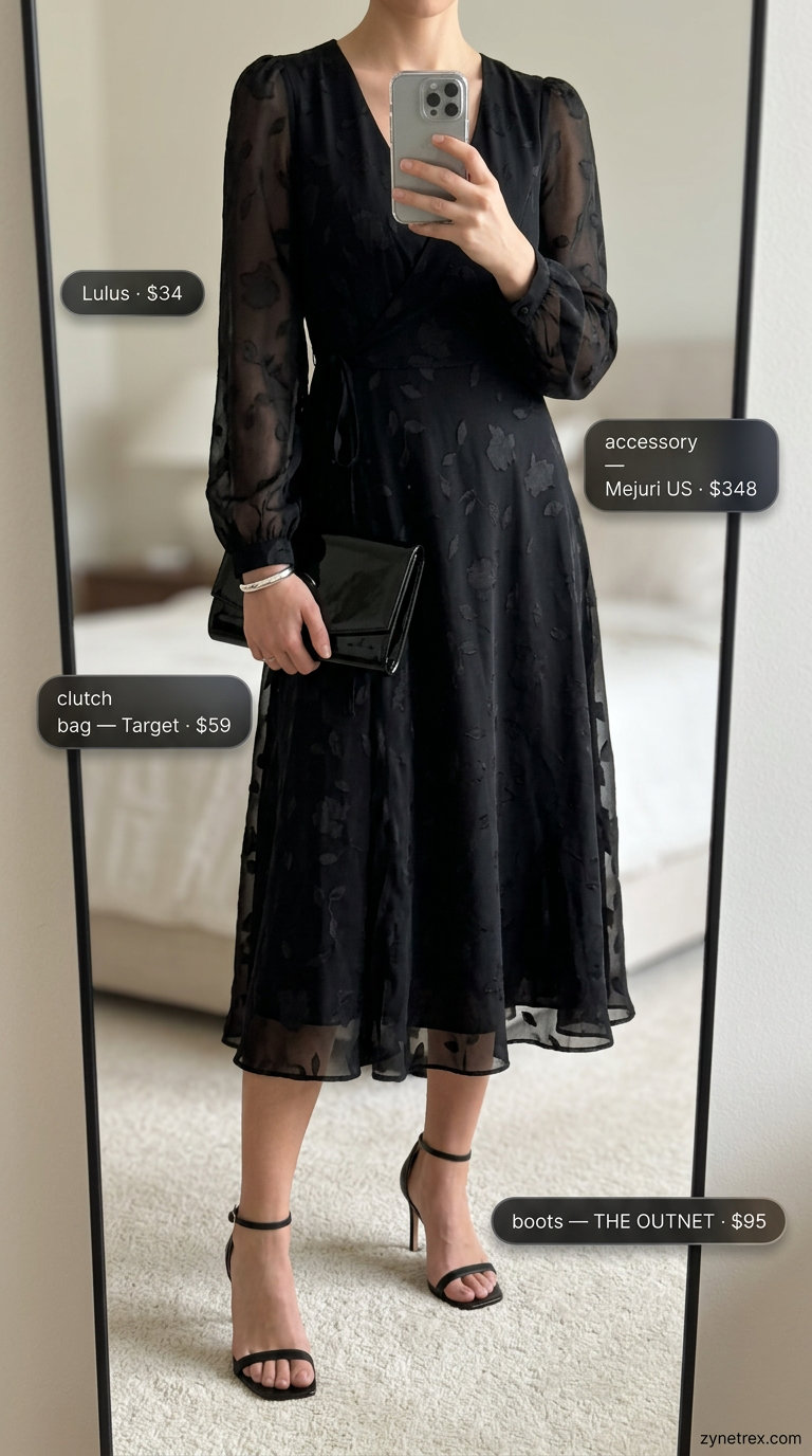 Black floral midi wrap dress outfit for summer evenings 2026. Modern look with heeled sandals and clutch.