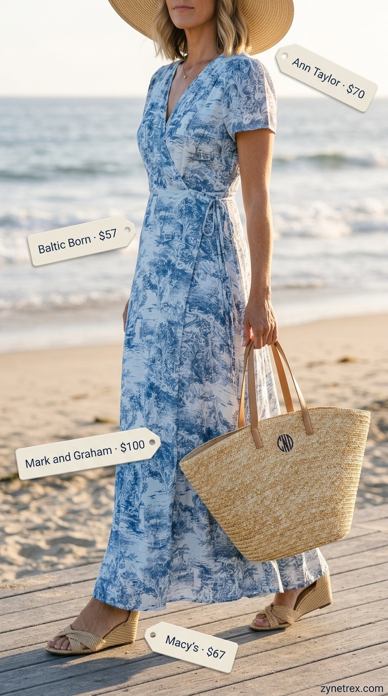 Sky blue floral wrap dress outfit for beach vacation 2026. Includes straw hat, espadrilles, and tote.
