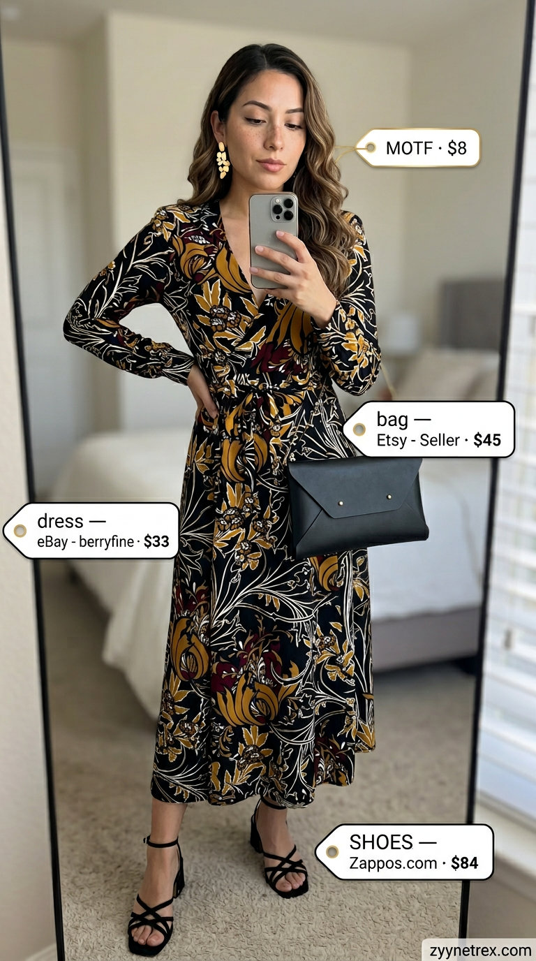 Burgundy floral summer wrap dress outfits 2026 for cocktails with block heels and clutch.