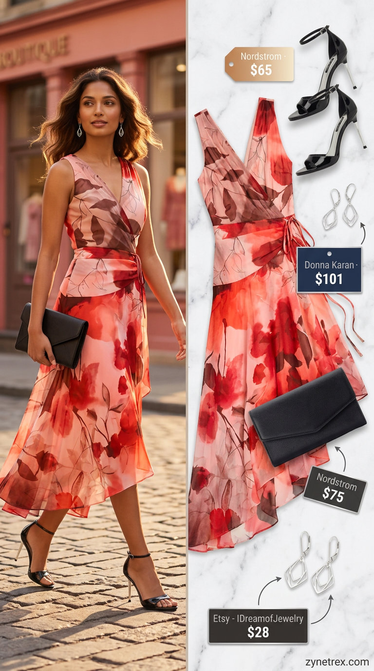 Coral floral summer wrap dress outfits 2026 for date night with black heels and clutch.