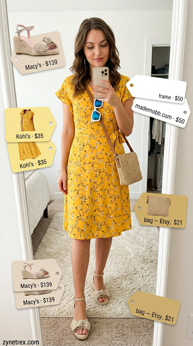 Yellow floral summer wrap dress outfits 2026 for a day trip with espadrilles and straw bag.