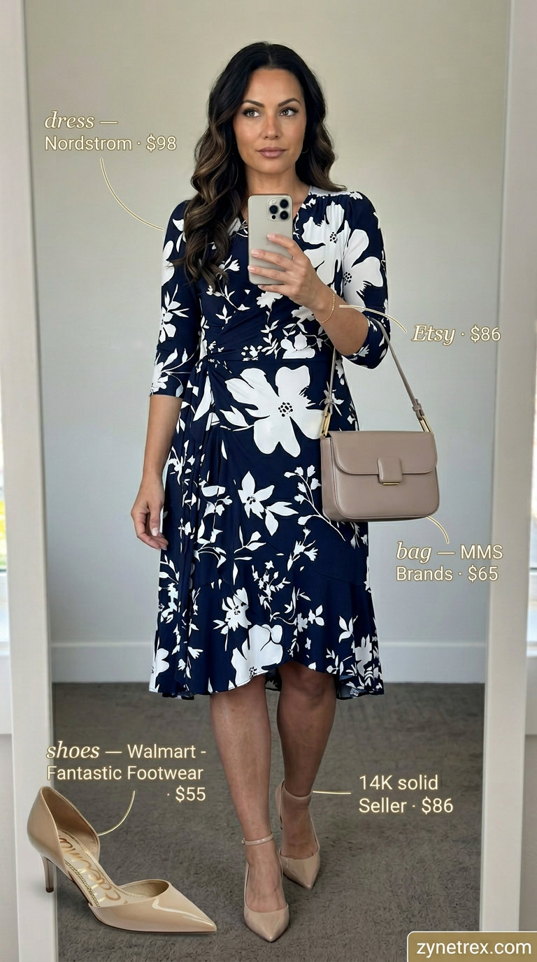 Navy floral midi wrap dress outfit for work events 2026. Polished look with pumps and shoulder bag.