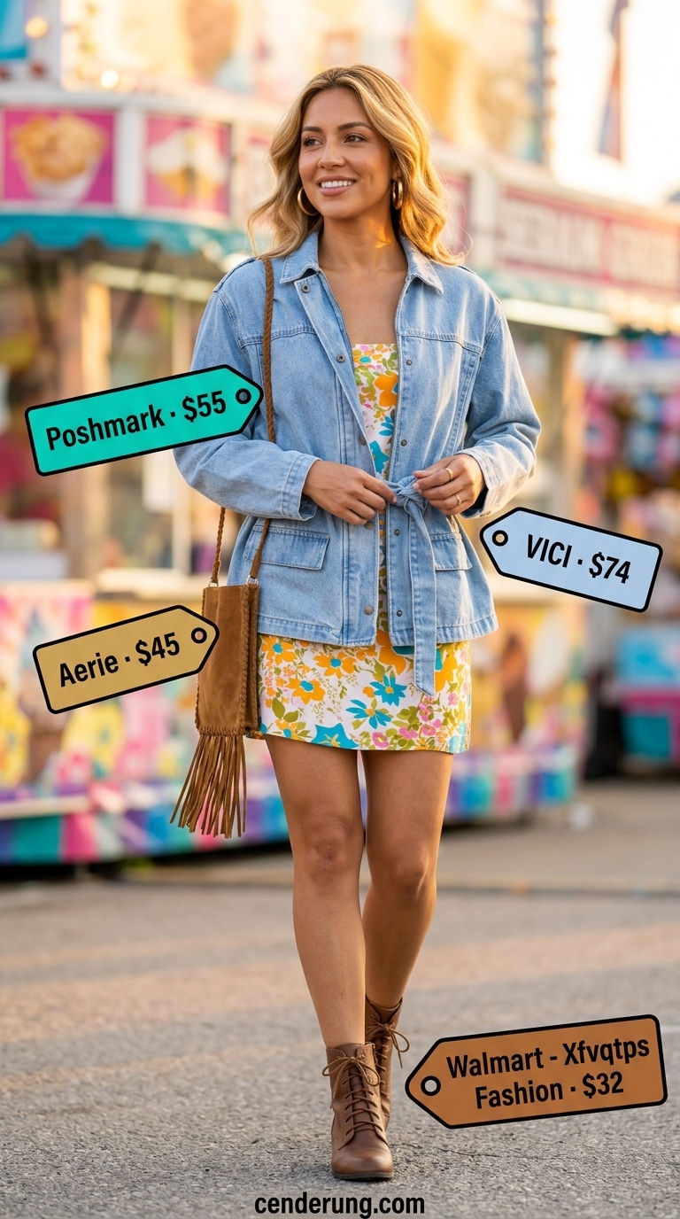 Bright floral summer wrap dress outfits 2026 for a festival with fringe bag and ankle boots.