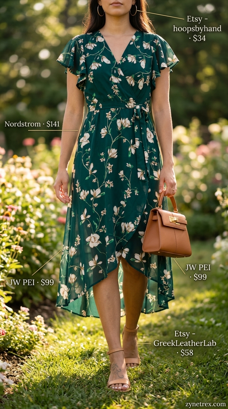 Multi-color floral midi wrap dress outfit for garden parties 2026. Romantic look with strappy sandals and top-handle bag.