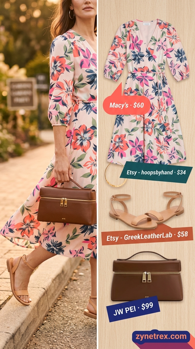 Multi-floral midi wrap dress outfit for garden parties 2026. Feminine look with flat sandals and top-handle bag.