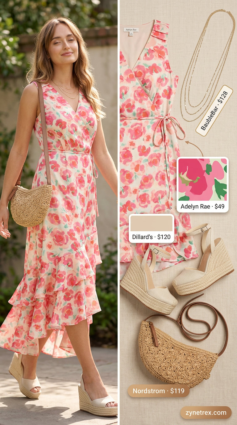 Pastel floral summer wrap dress outfits 2026 for a garden party with espadrilles and straw bag.