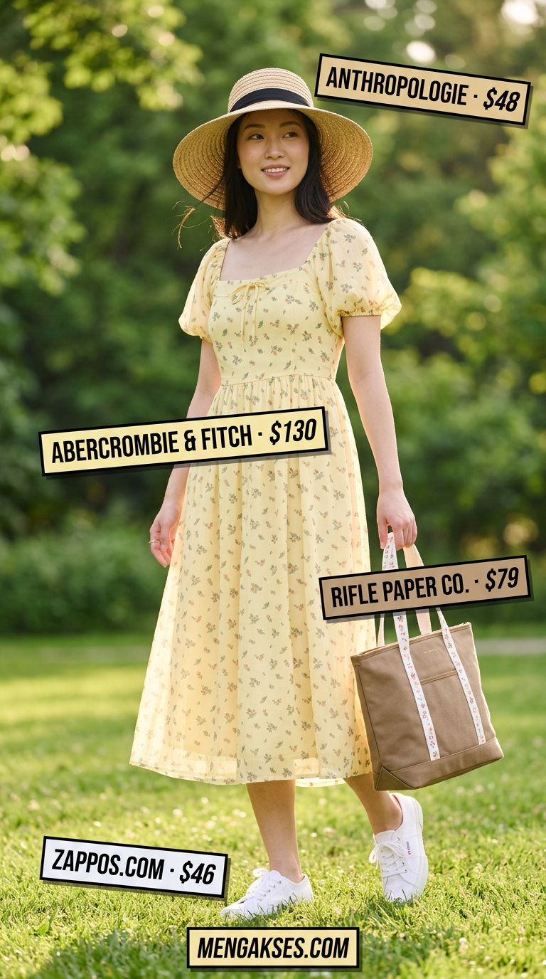 Picnic perfect floral wrap dress outfit 2026 for daytime with canvas sneakers and straw hat.