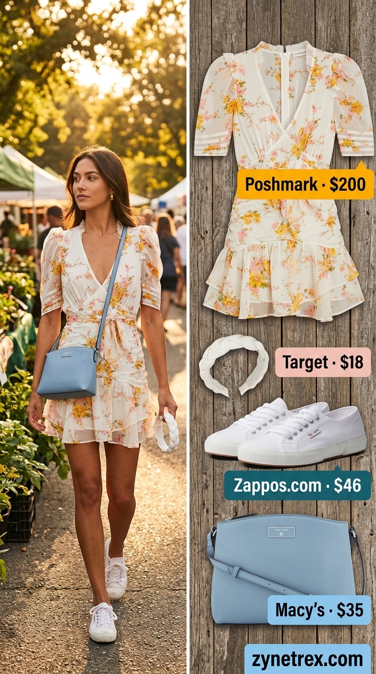 Pastel floral mini wrap dress outfit for picnics 2026. Casual day out with sneakers and crossbody bag.
