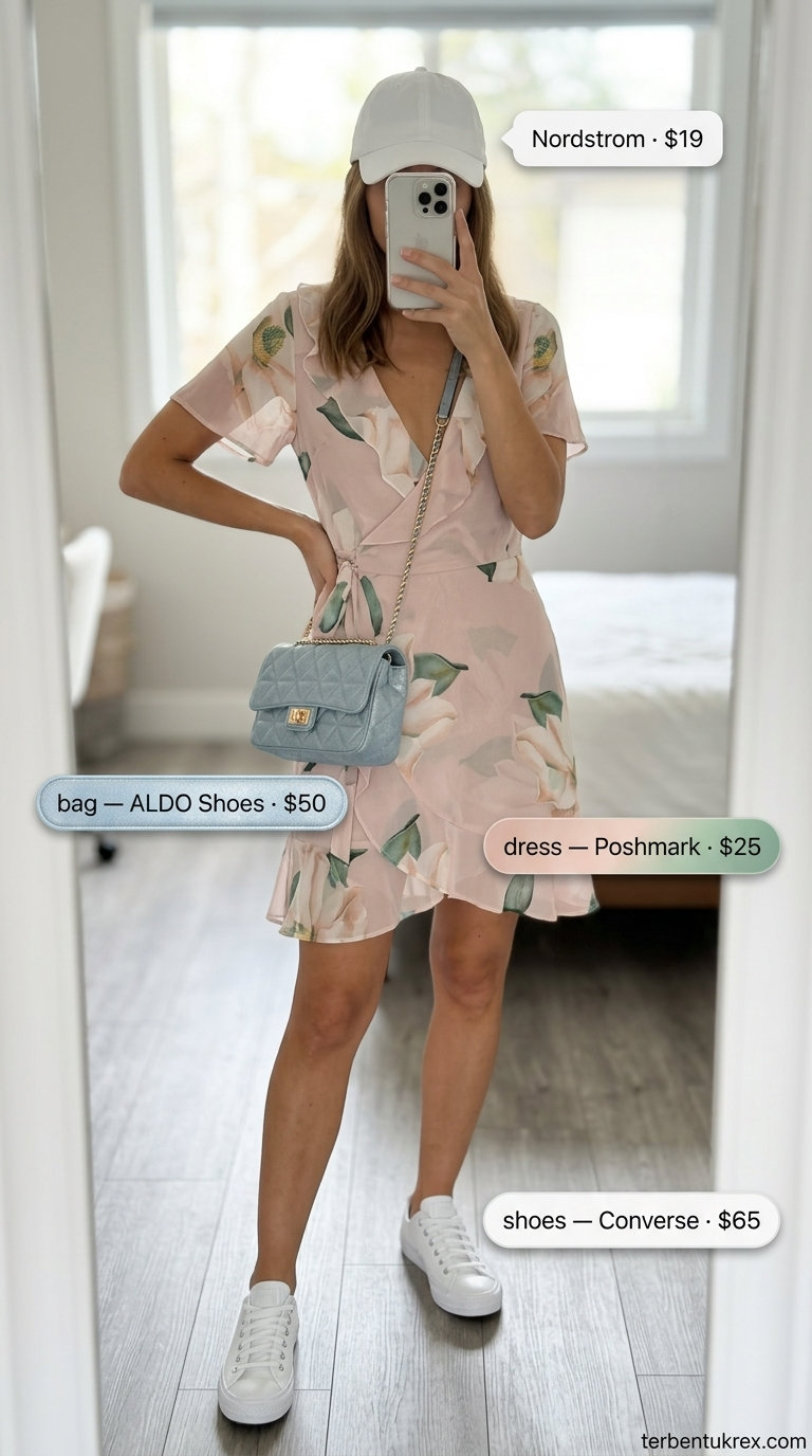 Pink floral summer wrap dress outfits 2026 for a picnic with sneakers and denim bag.