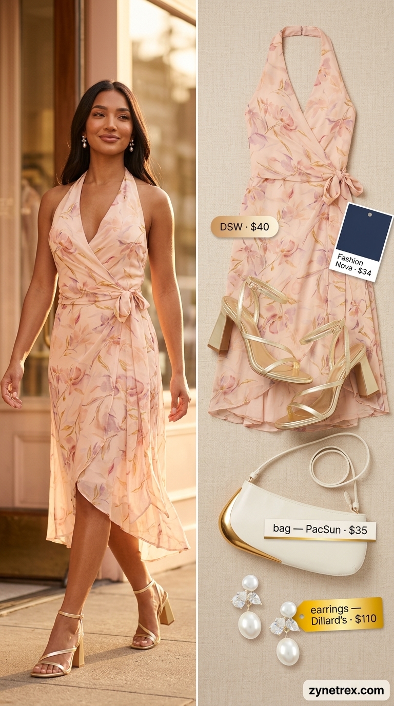 Summer romance floral wrap dress outfit 2026 for a date with blush pink floral chiffon and gold heels.