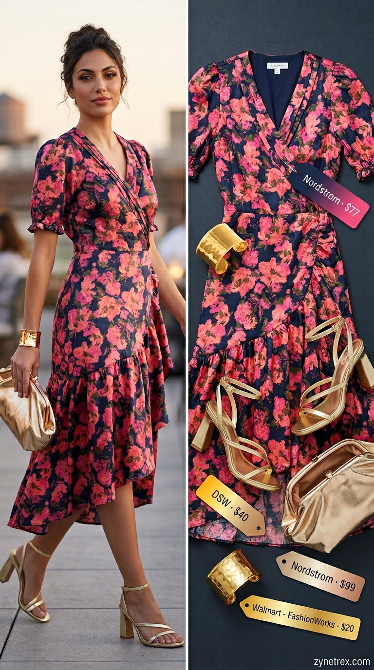 Burgundy floral summer wrap dress outfits 2026 for a soirée with metallic gold heels and clutch.