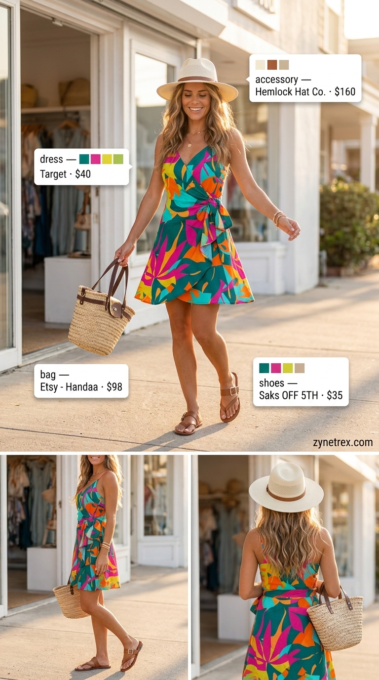 Tropical getaway floral wrap dress outfit 2026 for vacation with straw hat and leather slides.