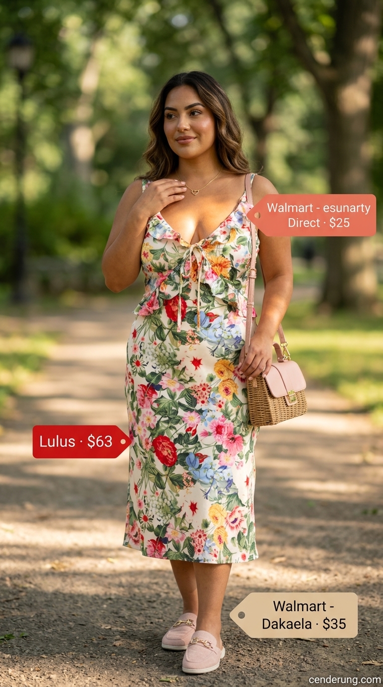 Soft pink floral summer wrap dress outfits 2026 for brunch with straw bag and mules.