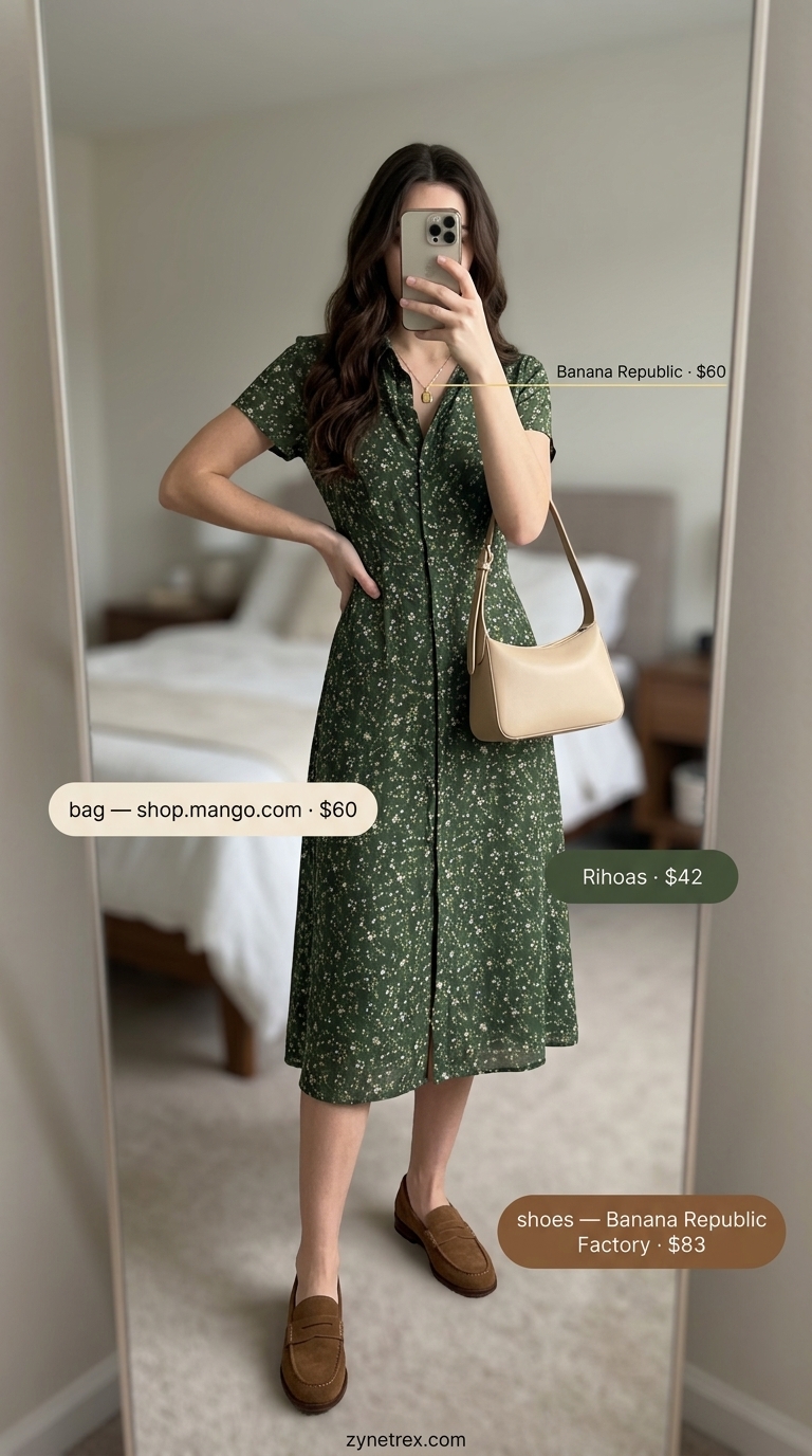 Weekend getaway floral wrap dress outfit 2026 for travel with loafers and crossbody bag.