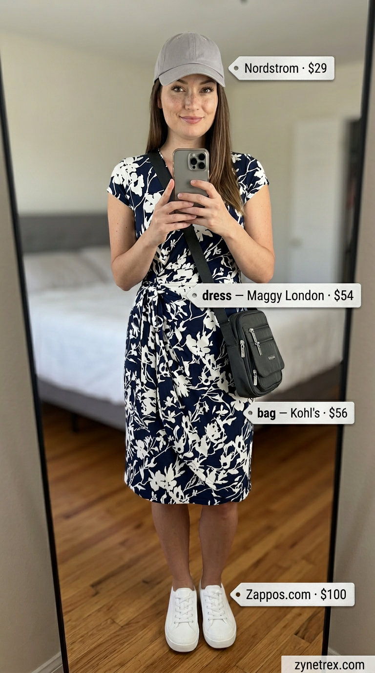 Weekend wanderer floral wrap dress outfit 2026 for errands with grey cap and knit sneakers.
