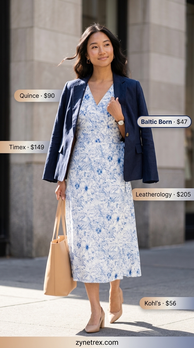 Muted floral summer wrap dress outfits 2026 for work with blazer and block heels.