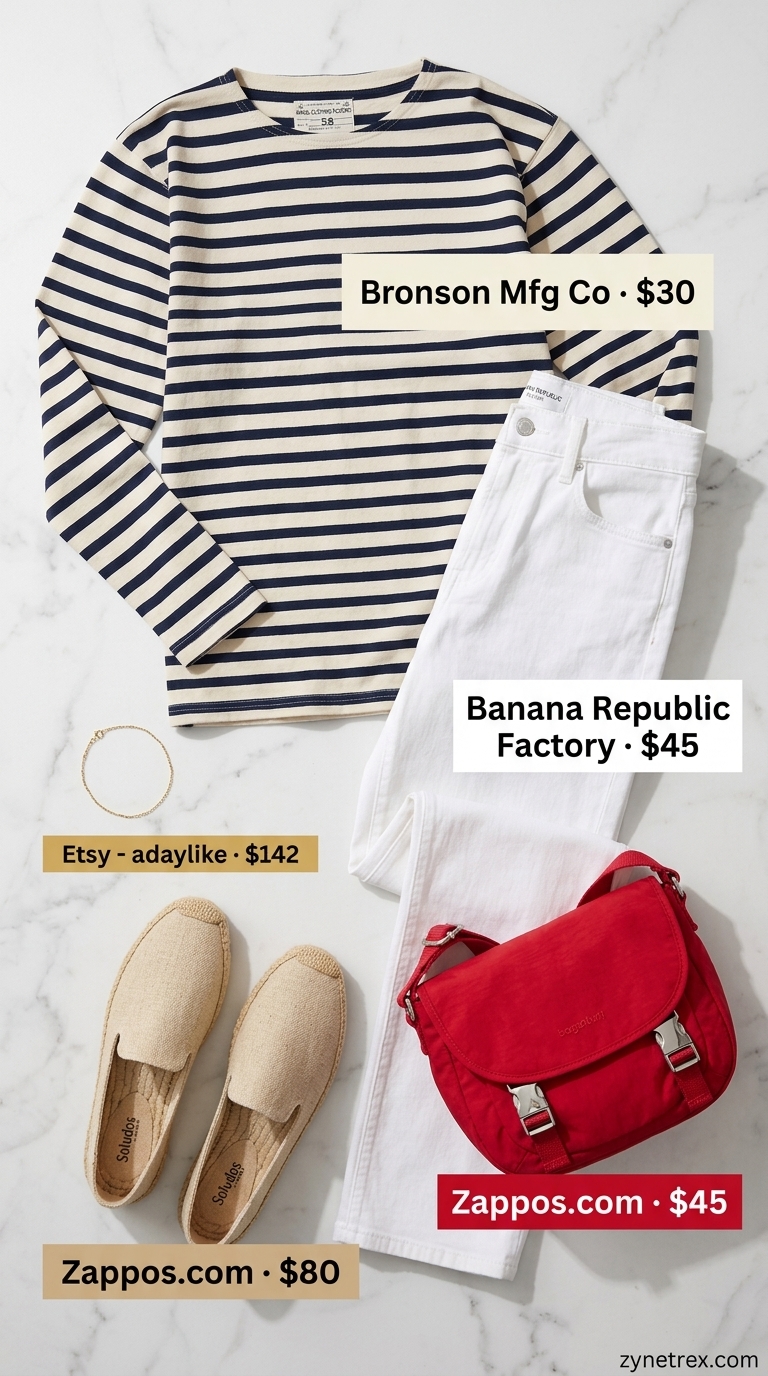 French European Summer Outfits for Women 2026: Riviera Style French European summer outfits for women 2026: Breton top, white jeans, espadrilles, red crossbody bag, gold bracelet.