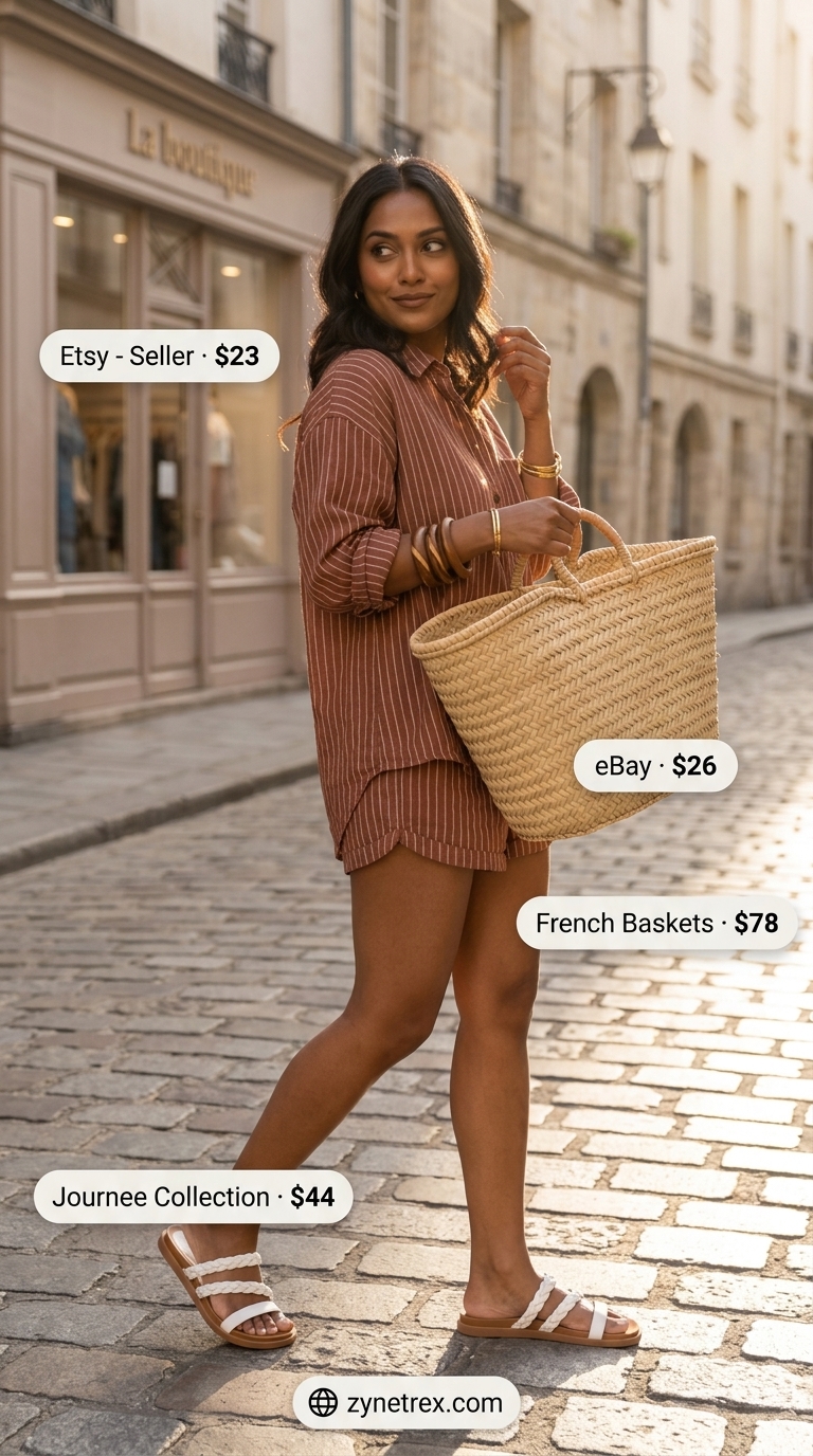 French European Summer Outfits for Women 2026: Coastal Co-ord French European summer outfits for women 2026: Terracotta stripe linen set, ivory slides, wood bangles, straw tote.