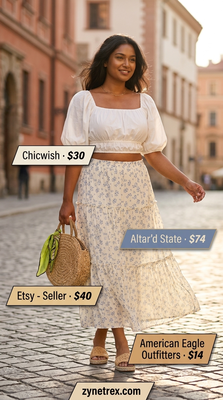 French European Summer Outfits for Women 2026: Market Charm French European summer outfits for women 2026: Floral midi skirt, cream puff-sleeve top, espadrilles, straw basket bag.