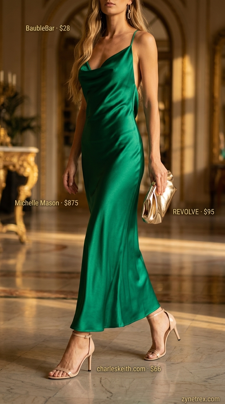 French European Summer Outfits for Women 2026: Gala Glam French European summer outfits for women 2026: Emerald green silk slip dress, gold clutch, gold drop earrings, nude sandals.