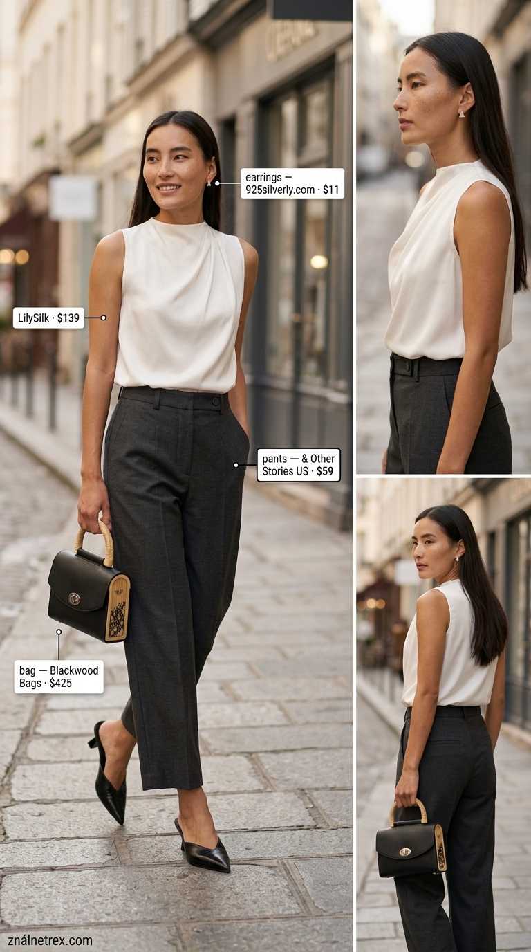 French European Summer Outfits for Women 2026: Gallery Chic French European summer outfits for women 2026: Charcoal trousers, white silk blouse, black mules, top-handle bag, silver earrings.