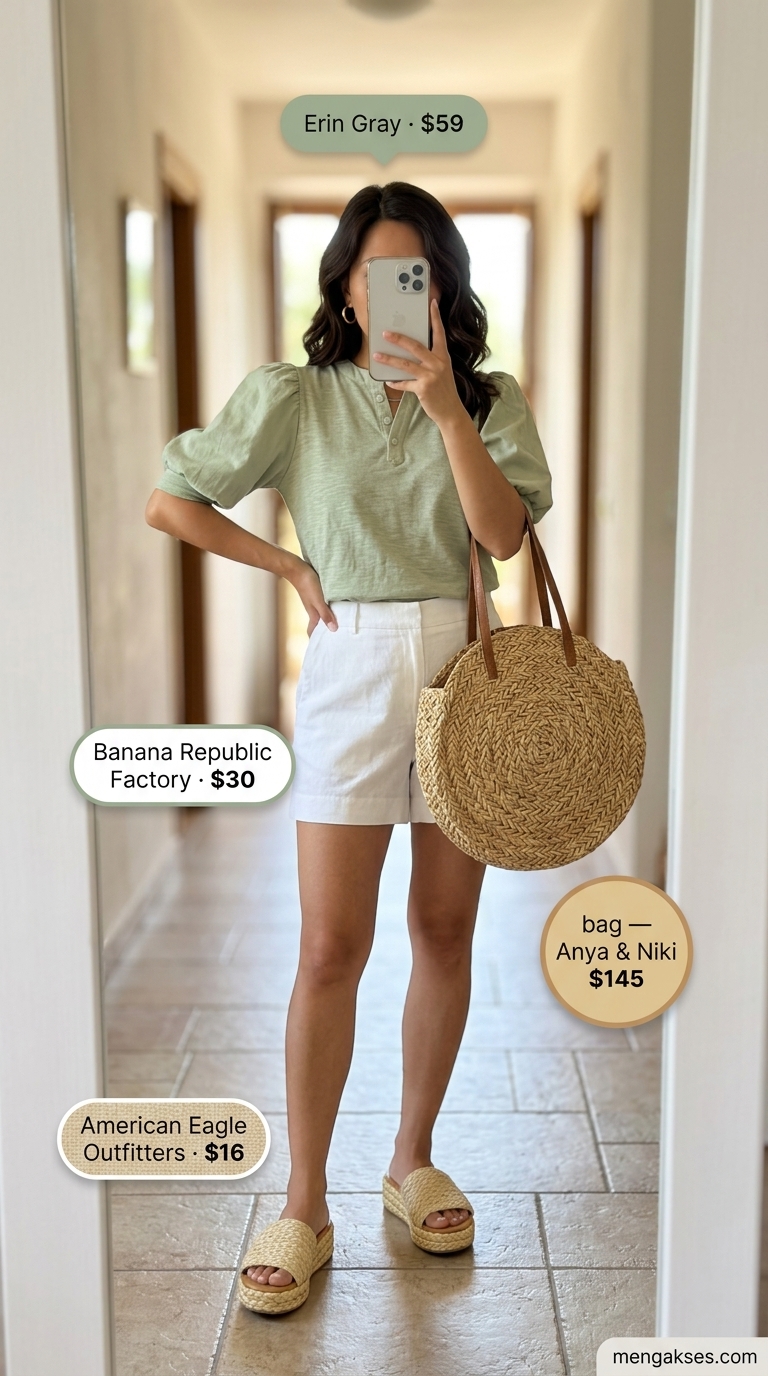 French European Summer Outfits for Women 2026: Market Day French European summer outfits for women 2026: White linen shorts, sage green blouse, gold hoops, espadrilles, straw crossbody.