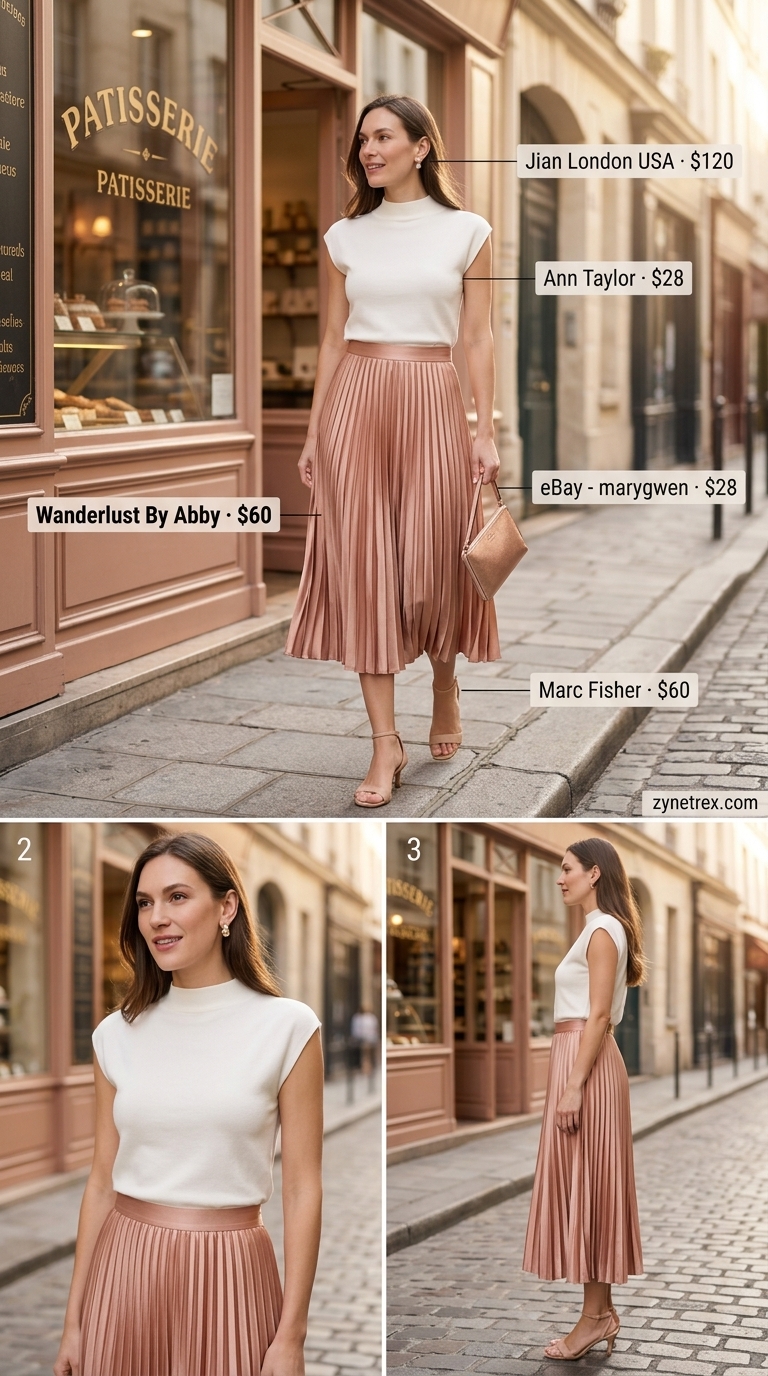 French European Summer Outfits for Women 2026: Evening Rosé French European summer outfits for women 2026: Blush pink pleated skirt, ivory knit top, rose gold clutch, nude sandals.
