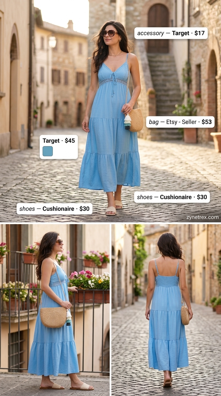 French European summer outfits for women 2026: Ocean blue maxi dress, raffia slides, straw bag, tortoiseshell sunglasses.