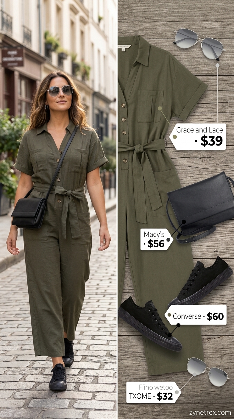 French Summer Outfits 2026: Khaki Jumpsuit Style French european summer outfits for women 2026: Khaki utility jumpsuit, canvas sneakers, and crossbody bag for day trips.