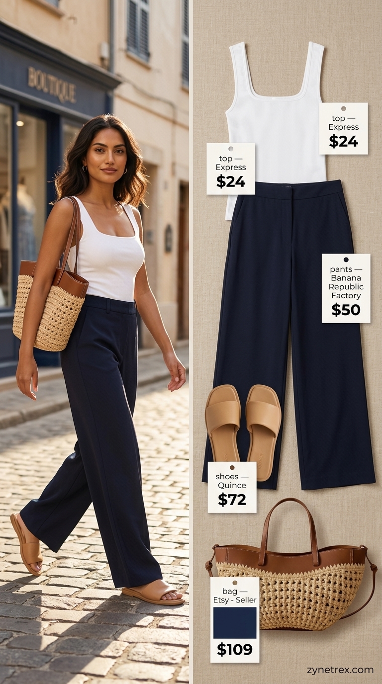 French Summer Outfits 2026: Navy Linen Trousers French european summer outfits for women 2026: Navy linen pants, white knit top, and straw tote for seaside lunch.