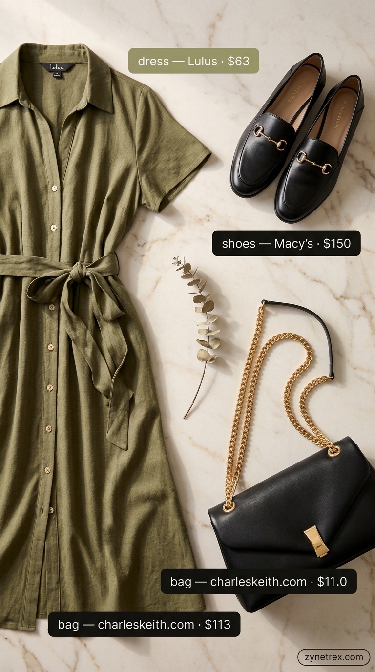 French Summer Outfits 2026: Historic Charm Dress French european summer outfits for women 2026: Olive green midi shirt dress, black loafers, and shoulder bag for city touring.