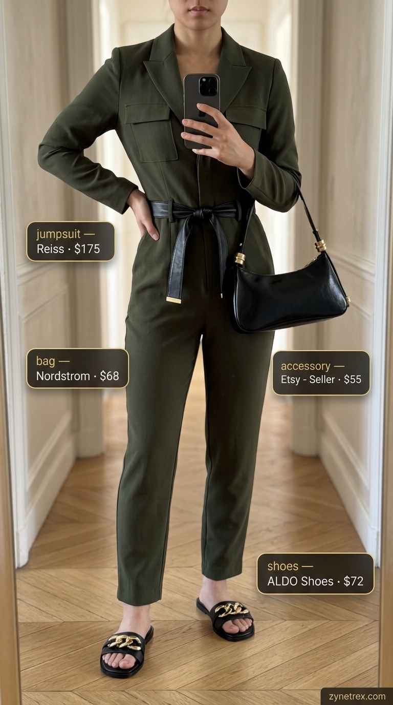 French Summer Outfits 2026: Olive Utility Jumpsuit French european summer outfits for women 2026: Olive green utility jumpsuit, black slides, and mini shoulder bag for city exploration.