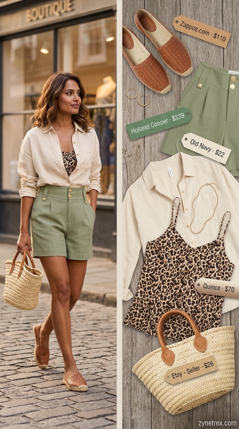 French Summer Outfits 2026: Chic Brunch Look French european summer outfits for women 2026: Sage green linen shorts, cream button-down, and straw bag for brunch.